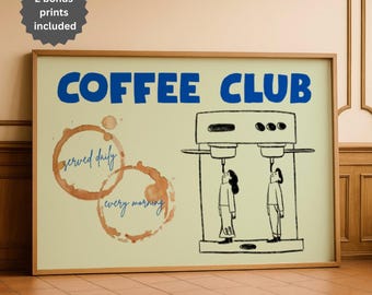 Coffee Club poster handgetekende koffiebar kunst horizontaal retro keuken decor