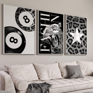 Black and White Fashion Prints Set Leopard Roar Print 8 Ball Leopard Star Poster