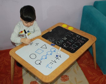 Sensory Table with Chalk board and Whiteboard, Activity Table, Wooden Play Table With Bins, Montessori Table and Chair Set, Gift for kids