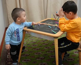 Sensory Table, Kids Activity Table, Wooden Play Table With Bins, Montessori Table and Chair Set, Chalk board and Whiteboard