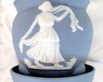 Faux Wedgewood blue jasperware pot with drip tray, probably made in Japan
