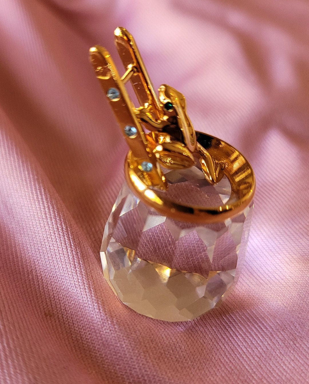 Vintage Swarovski Crystal Figurine of Tiny Gold Frog Climbing Golden