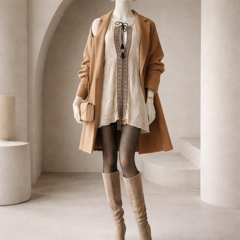 Op de afbeelding: Een mannequin toont een gelaagde outfit. Een bruine jas wordt gedragen over een cr&egrave;mekleurige jurk met geborduurde details. De outfit is gecombineerd met een kleine, geweven tas, visnetkousen en kniehoge laarzen. Het kleurenpalet is neutraal.
