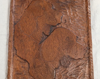 Vintage wood Carving portrait of two dogs (spaniels?) in profile by Stanley Bartus Jr.