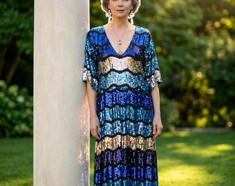 Vestido midi de lentejuelas Eloquii, vestido de noche de rayas azules y plateadas, talla 16