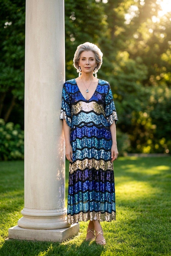 Eloquii Sequin Midi Dress, Blue Silver Striped Evening Gown, Size 16 - Etsy Eloquii Sequin Midi Dress, Blue Silver Striped Evening Gown, Size 16 - Etsy