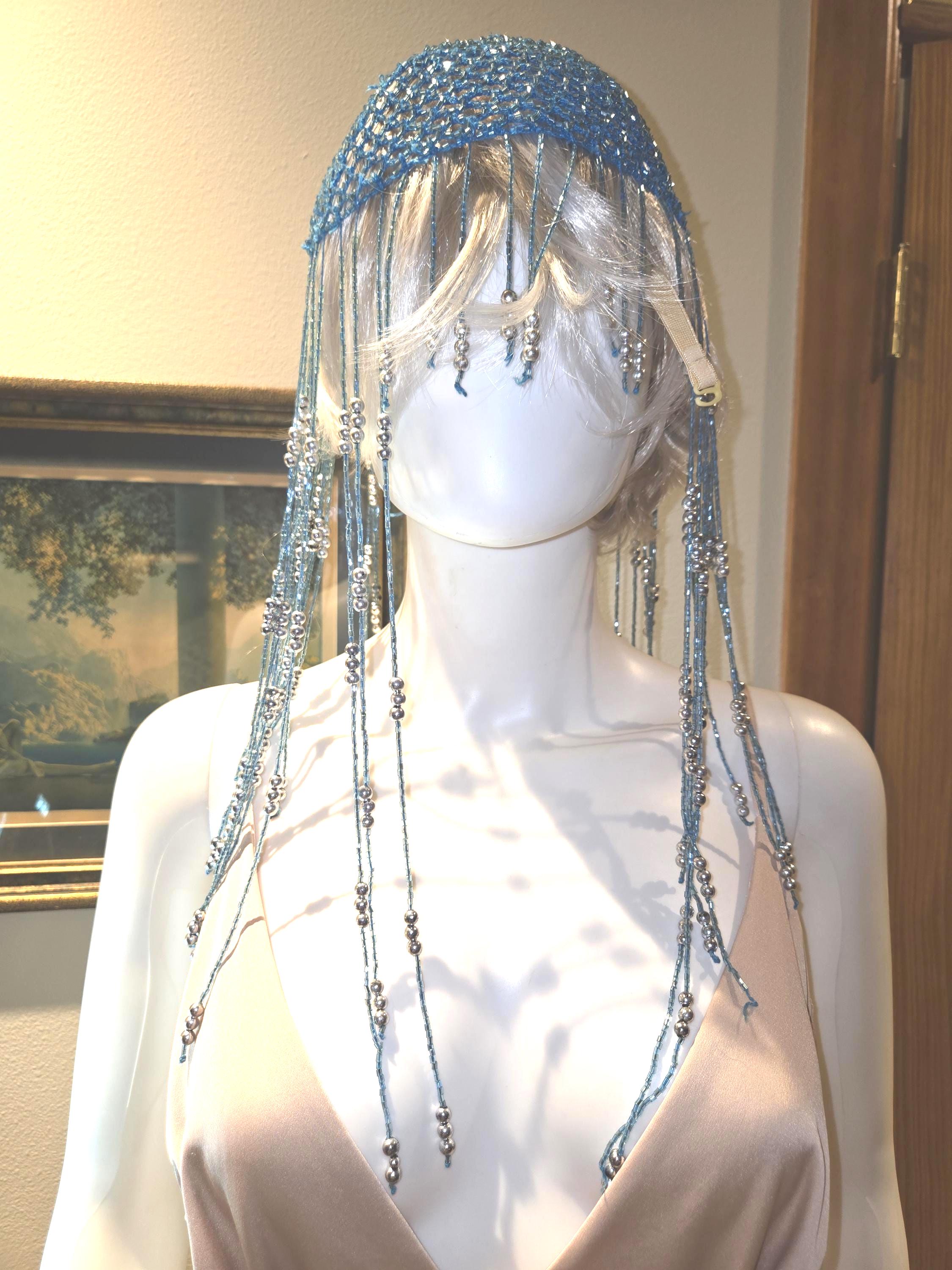 Blue Beaded Crocheted Flapper Hat: Egyptian Headdress, Belly 