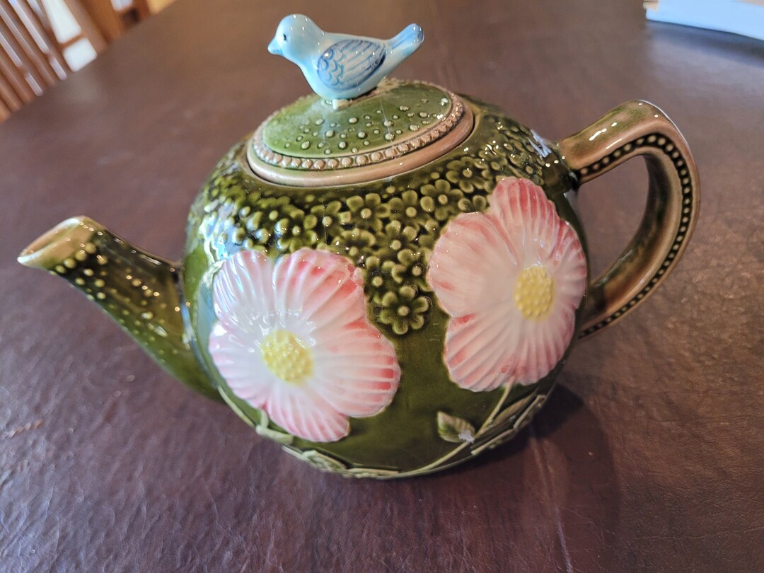 Takahashi San Francisco Hand Painted Ceramic Teapot, Green With Pink