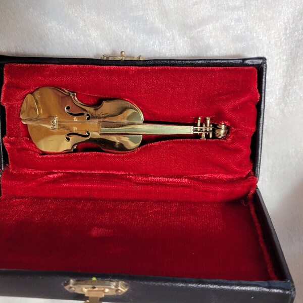 Miniature brass violin in fitted velvet-lined case; great gift for musician, music-lover