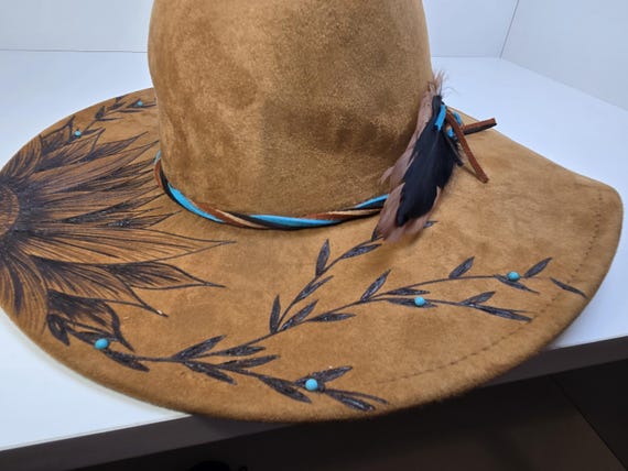 Hand Burned, Vegan Suede, Beaded and Feathered Western Hat  display picture 2