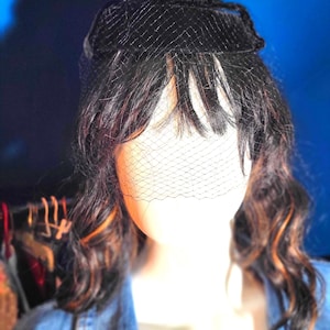 Vintage Black Veil Hat Pillbox Netting Ring Headband Black velvet bow, Art Deco, Mid-Century,