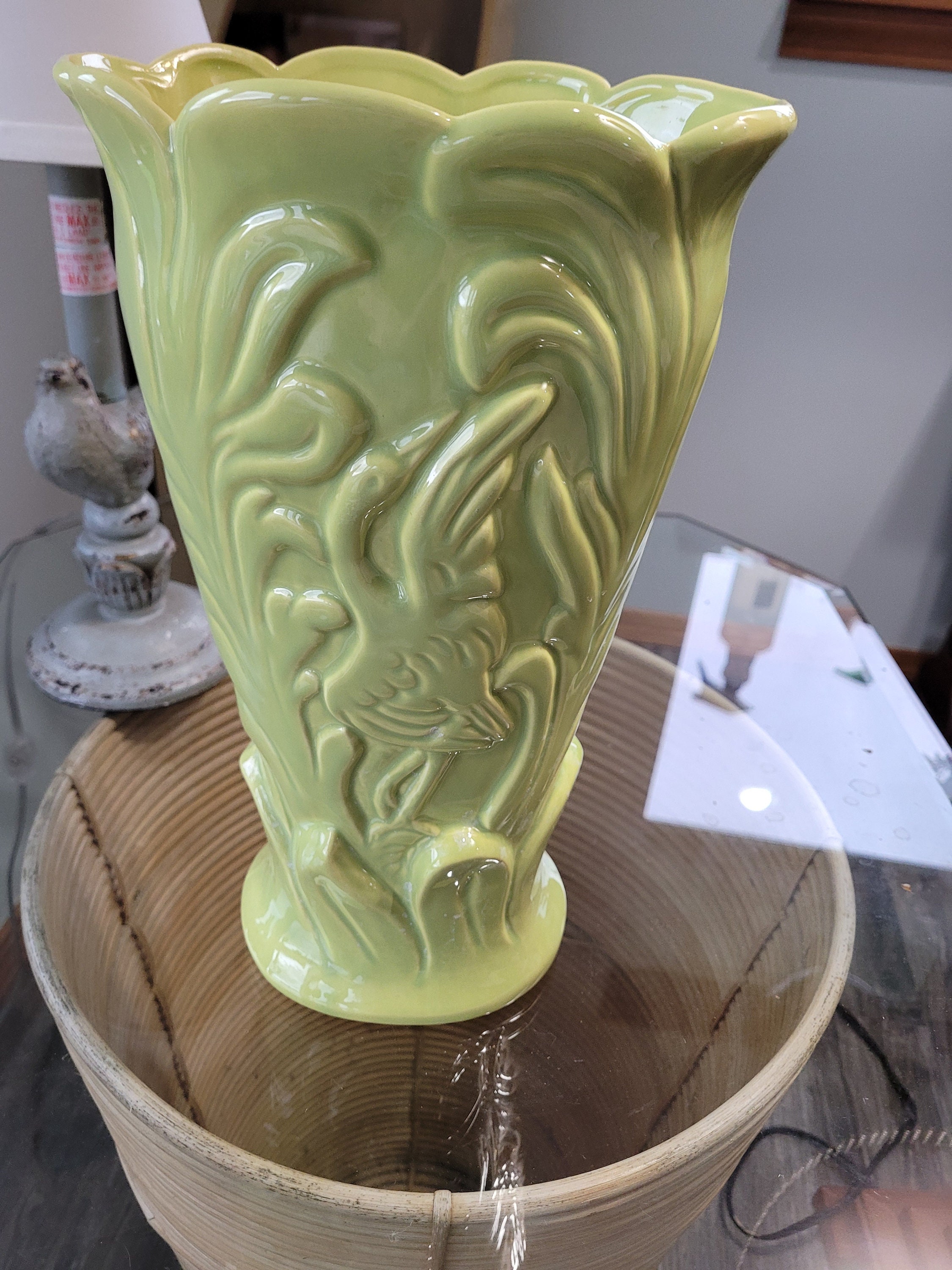 Claire Lerner Art Nouveau Tulip Vase: Chartreuse Crane Pottery