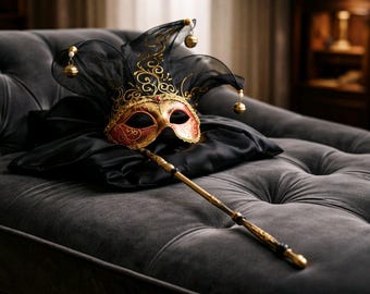 Venetiaans narrenmasker met handvat, bellen, sierlijk kostuumaccessoire