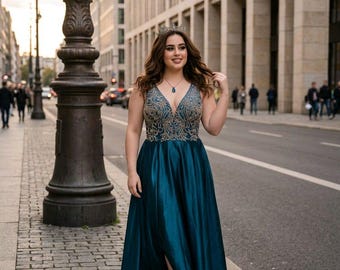 Vestido de noche azul verdoso con corpiño adornado con diamantes de imitación, talla 10-12