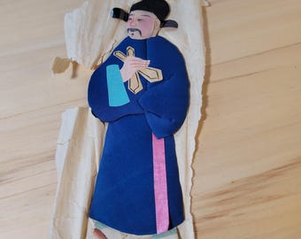 Antique traditional silk clothed Chinese paper doll; Tsao Kuo-Chiv one of the 8 Immortals in Chinese mythology