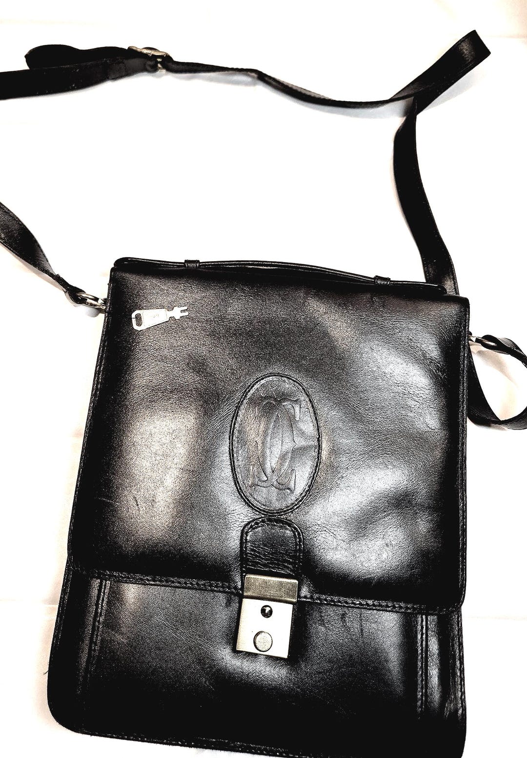 Cartier Bag: Vintage 1970s Navy Blue Leather, Postman Style With