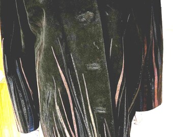 May include: Black suede jacket with a notched collar and long sleeves. The jacket features vertical, decorative cutouts with a subtle color gradient. The jacket has a two-button closure and a classic, tailored silhouette.