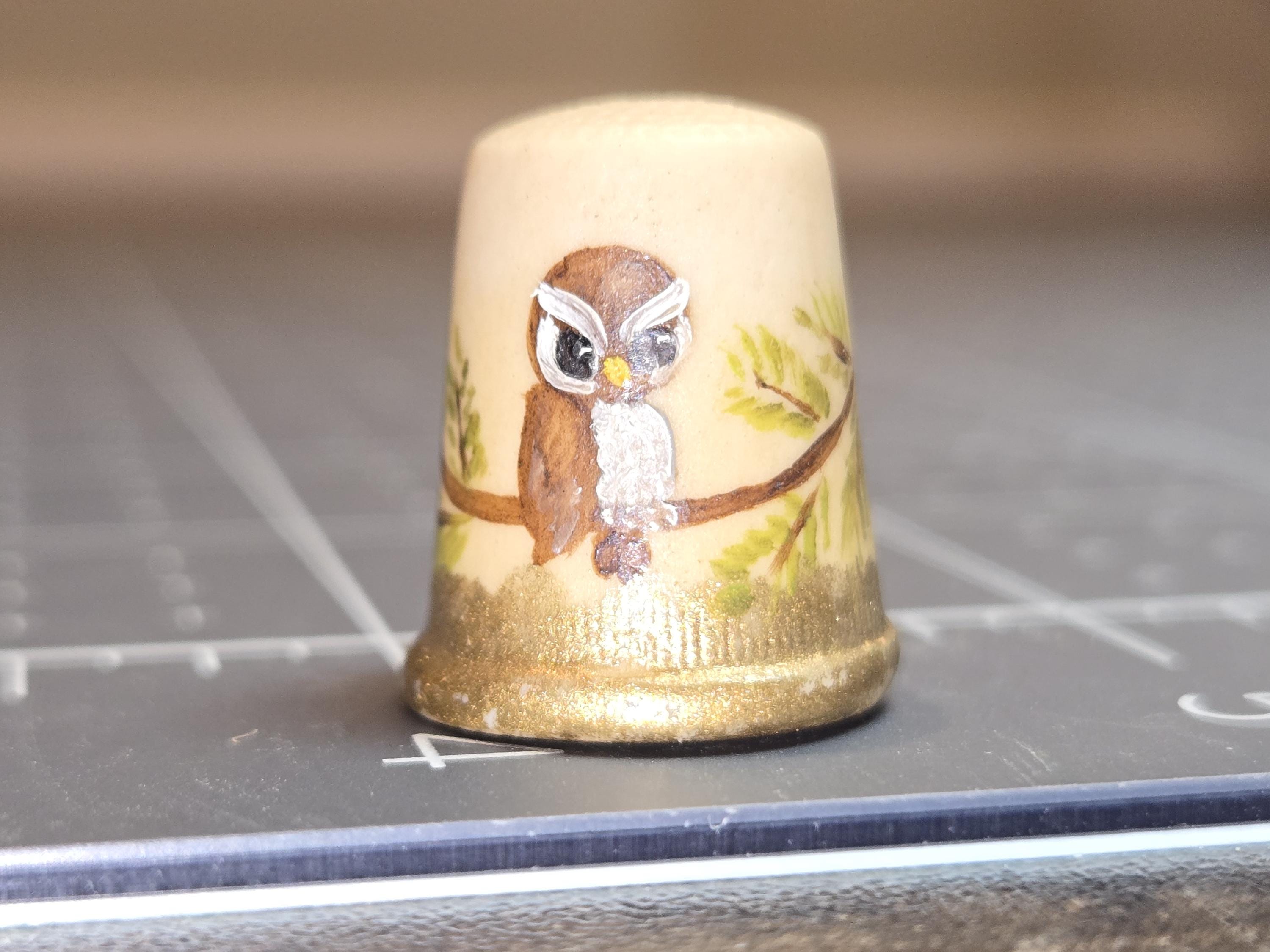 Thimble, hand-painted owl design, signed T. Hunt,