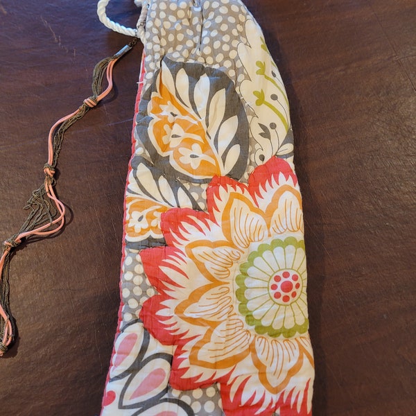 Quilted Flute Bag: Asian Floral Print, Orange Leather Strap