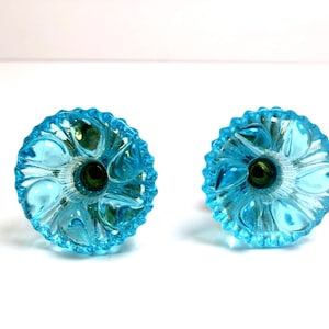 Antique Aqua Pressed Glass Curtain Tiebacks Pair, 1850s Boston & Sandwich Style Mirror Knobs, Scalloped Brass Flower Rosette, Iron Screw