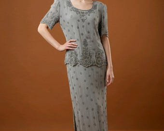 Vestido largo de seda vintage gris de Scala, con elaborados bordados de cuentas, talla XXL.