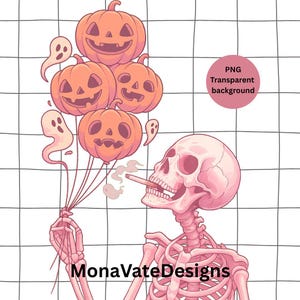 Skeleton Birthday with Pumpkin Balloons & Ghost Smoke – Halloween Birthday PNG