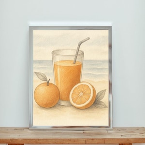 Dibujo a lápiz de acuarela de jugo de naranja en la playa, arte mural de frutas, decoración de pared naranja, póster de fruta naranja, impresiones de cocina de moda, arte culinario de moda