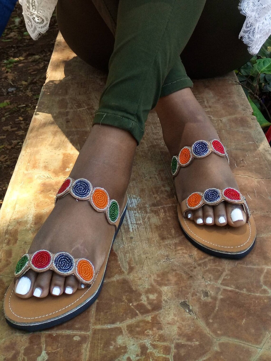 African Leather Sandals Beaded Sandals Brown leather Etsy