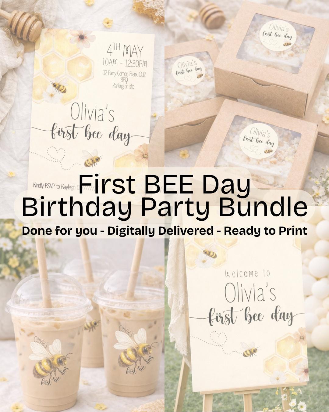 First Bee Day Birthday Party Bundle | Birthday Invitation, Welcome Sign ...