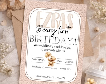 Beary First Birthday Invitation | Teddy Bear 1st Birthday Invite | Custom Digital Invite