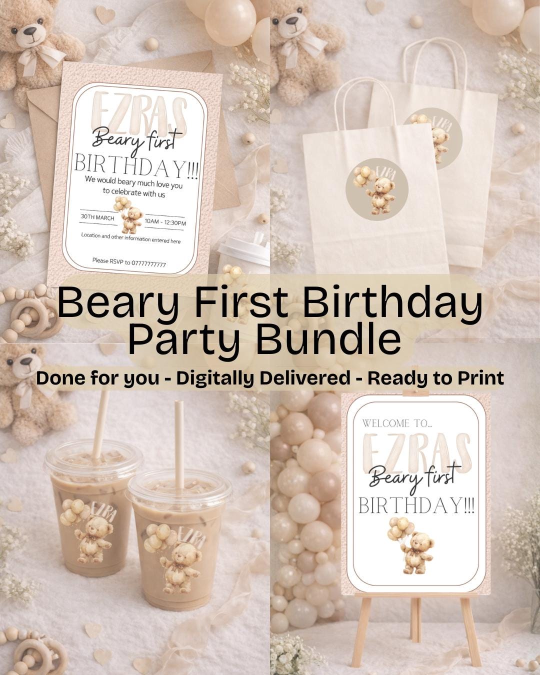 Beary First Birthday Party Bundle | Teddy Bear 1st Birthday Invitation ...
