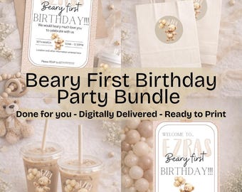 Beary First Birthday Party Bundle | Teddy Bear 1st Birthday Invitation & Decor | Done For You Digital