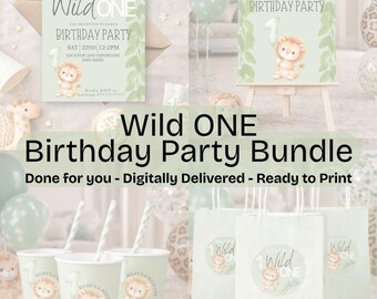 Wild One 1st Birthday Party Bundle | Safari 1st Decor | Green Jungle Theme | Personalised Digital