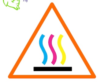 Puede incluir: Señal de advertencia triangular naranja con una barra negra y tres líneas onduladas en cian, magenta y amarillo.