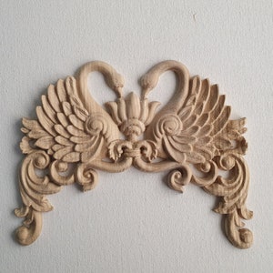 Carved Wood Onlay with Swans – Decorative Furniture Overlay, Home Wall Embellishments, Wood onlays