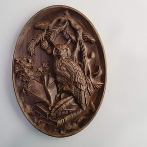 Owl and Books Wood Carving – Unique Wildlife Wall Panel Decor, Home Wall Embellishments, Wood onlays