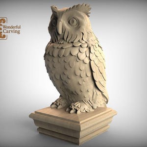 Puede incluir: Una escultura de búho de madera tallada. El búho está posado sobre una base cuadrada, con detalles de plumas y rasgos faciales. La escultura es de color marrón claro y tiene el texto "Wonderful Carving" en la esquina superior izquierda.