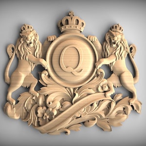 Wooden Family Crest Plaque - Crowned Lions with Monogram Q