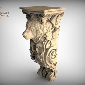 May include: A carved wooden corbel featuring a bear's head, leaves, and scrollwork. The corbel has a square top and is made of light-colored wood. The text "Wonderful Carving" is visible on the left side.