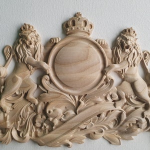 Wooden Coat of Arms Plaque with Crowned Lions, Home Wall Embellishments, Wood onlays