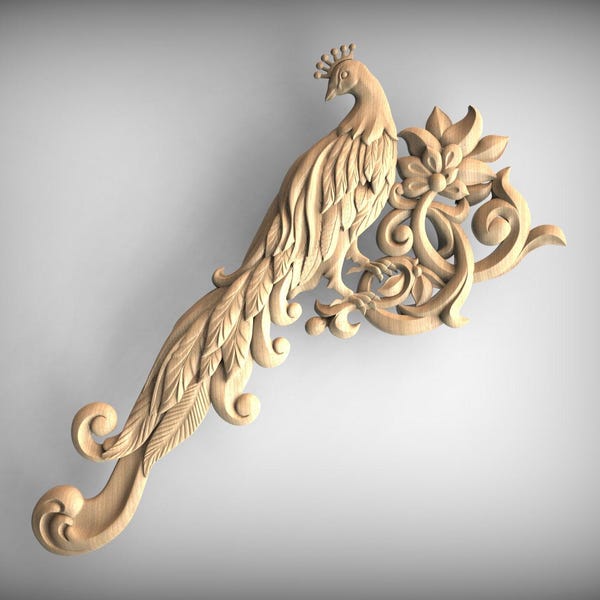 Peacock Wood Carving: Floral Corner Decor, Custom Size