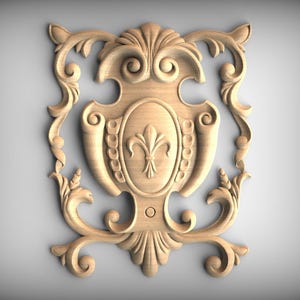 Natural Wood Fleur-de-Lis Onlay – Unpainted Baroque Decorative Carving, Home Wall Embellishments, Wood onlays
