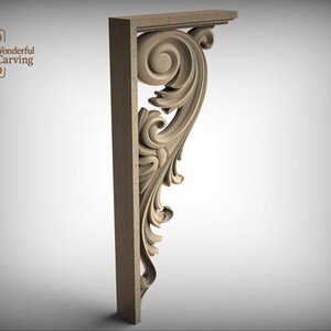A 3D rendering of a decorative wooden bracket with an intricate, swirling design.