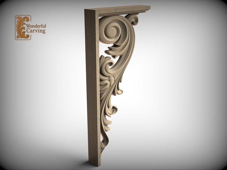 A 3D rendering of a decorative wooden bracket with an intricate, swirling design.