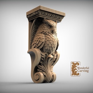 May include: A carved wooden owl corbel featuring intricate feather and leaf detailing. The owl sits on a decorative bracket with a rectangular top and scrollwork at the base. The logo "Wonderful Carving" is visible.