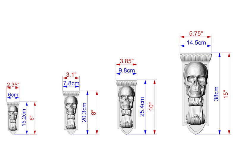 a series of four skull-like sculptures, each with different sizes and dimensions. The skulls are depicted in various positions, and the image provides measurements for each sculpture, including the height and width.