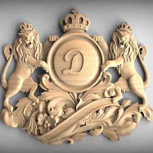 Escudo de armas de madera tallado a medida con leones y monograma con la letra D, escudo de armas familiar personalizado, adornos de pared para el hogar, incrustaciones de madera