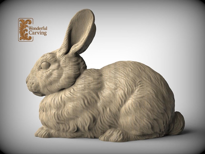 A wooden carving of a rabbit sitting on its hind legs.