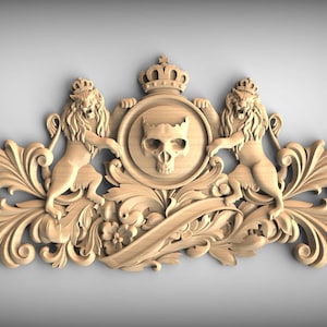 Gothic-Style Wood Applique with Lion and Skull Crest – Decorative Wooden Ornament, Home Wall Embellishments, Wood onlays