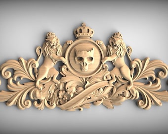 Gothic-Style Wood Applique with Lion and Skull Crest – Decorative Wooden Ornament, Home Wall Embellishments, Wood onlays